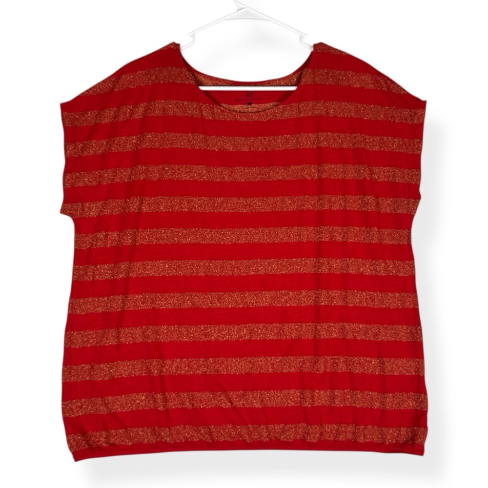 New York & Co Top Womens XL Red Metallic Gold Striped Stretch Elastic‎ Hem